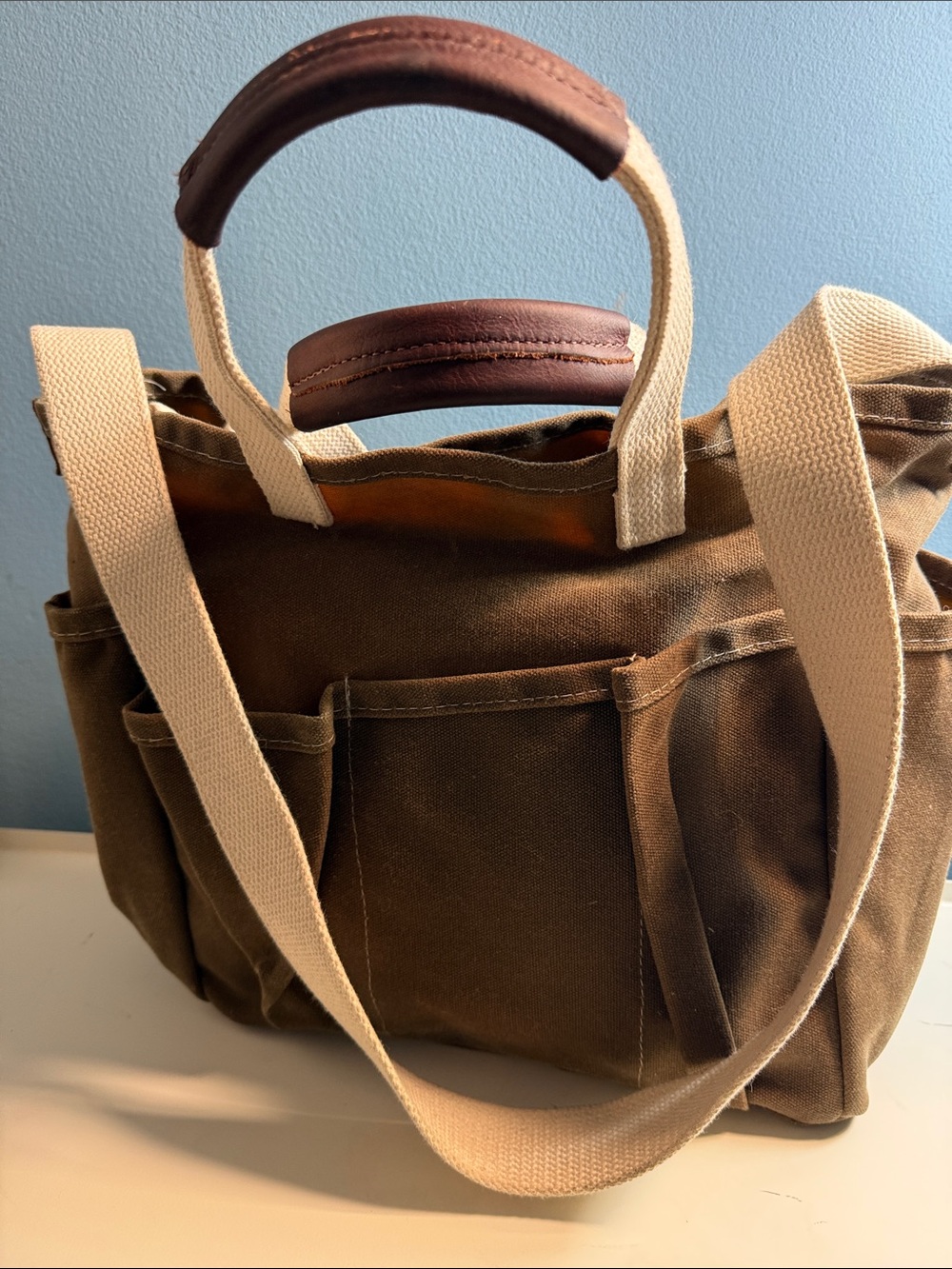 Steele Brown Waxed Canvas Tote with Cattle Hide Grips and Cream Canvas Straps - Picture 5 of 15
